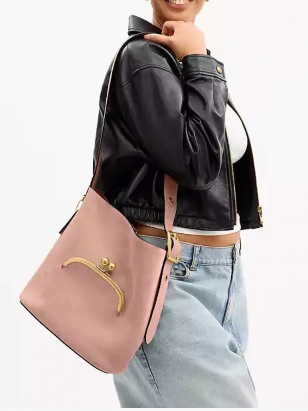 NWT🍑Coach Bleecker Suede Bucket Bag With Kisslock CFB82 Nuage Dusty Pink Nude